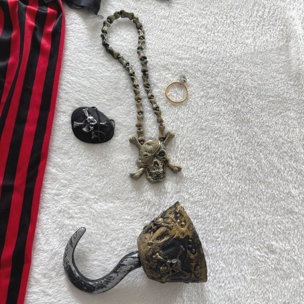 Pirate Costume Kids Size M Black Red Striped Hook Eyepatch Set
